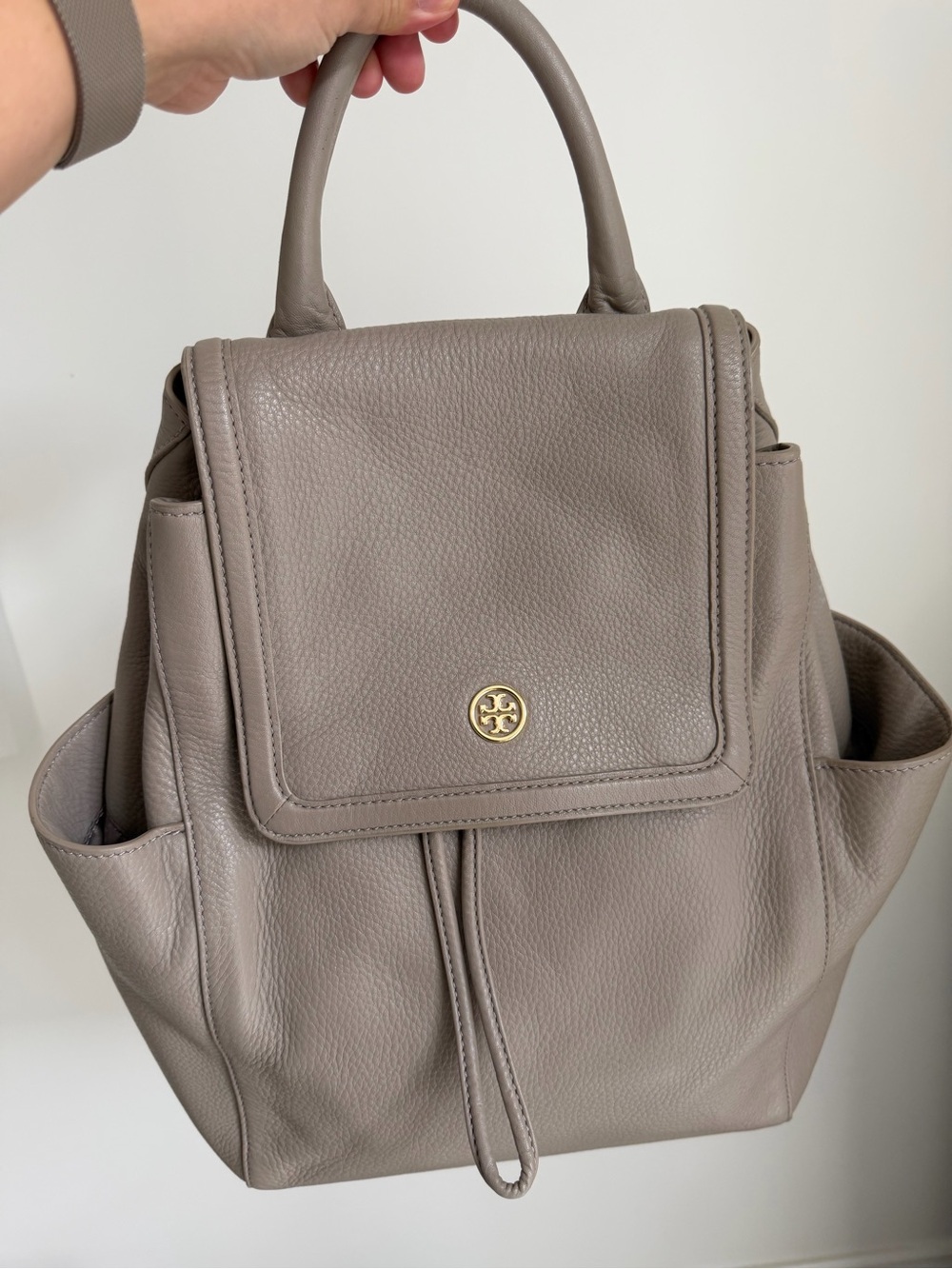 Tory Burch Pebbled Leather Backpack in Taupe Gray